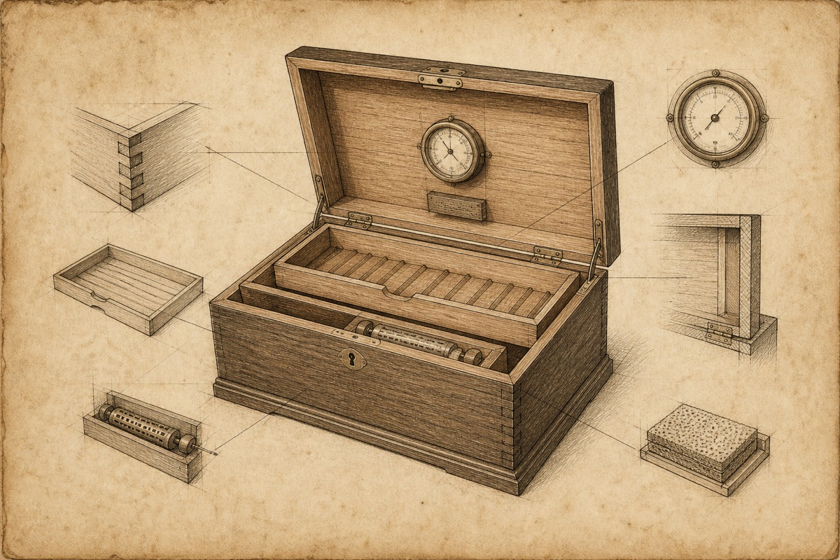 Historische technische Skizze eines geöffneten Humidors