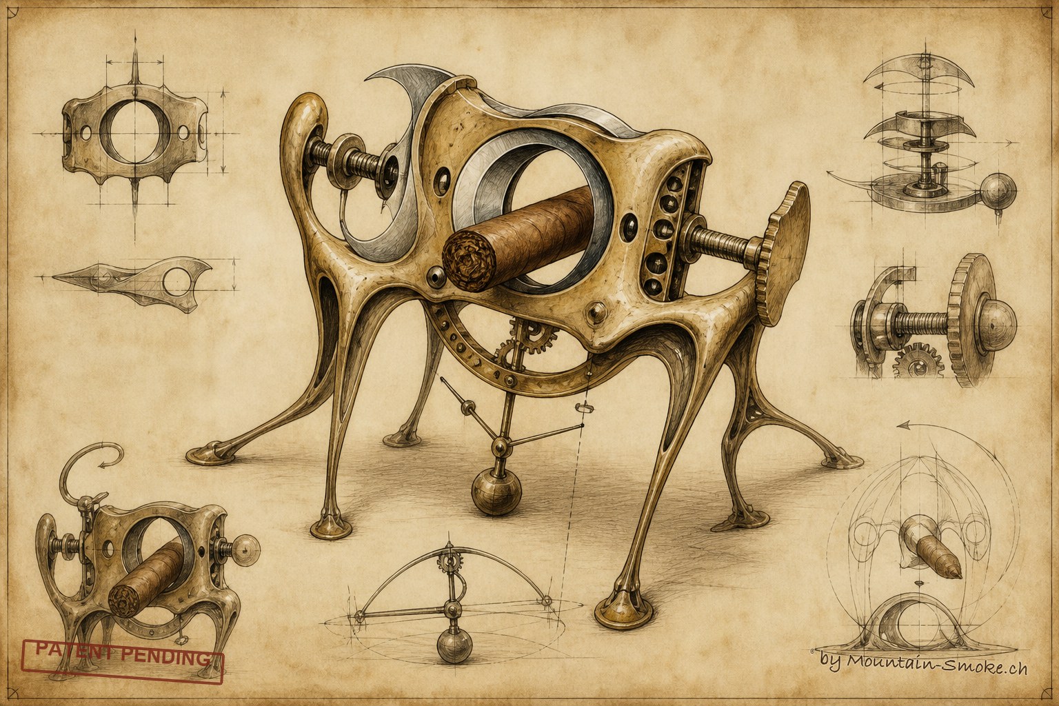 Surrealistische technische Skizze eines Zigarren-Tischcutters
