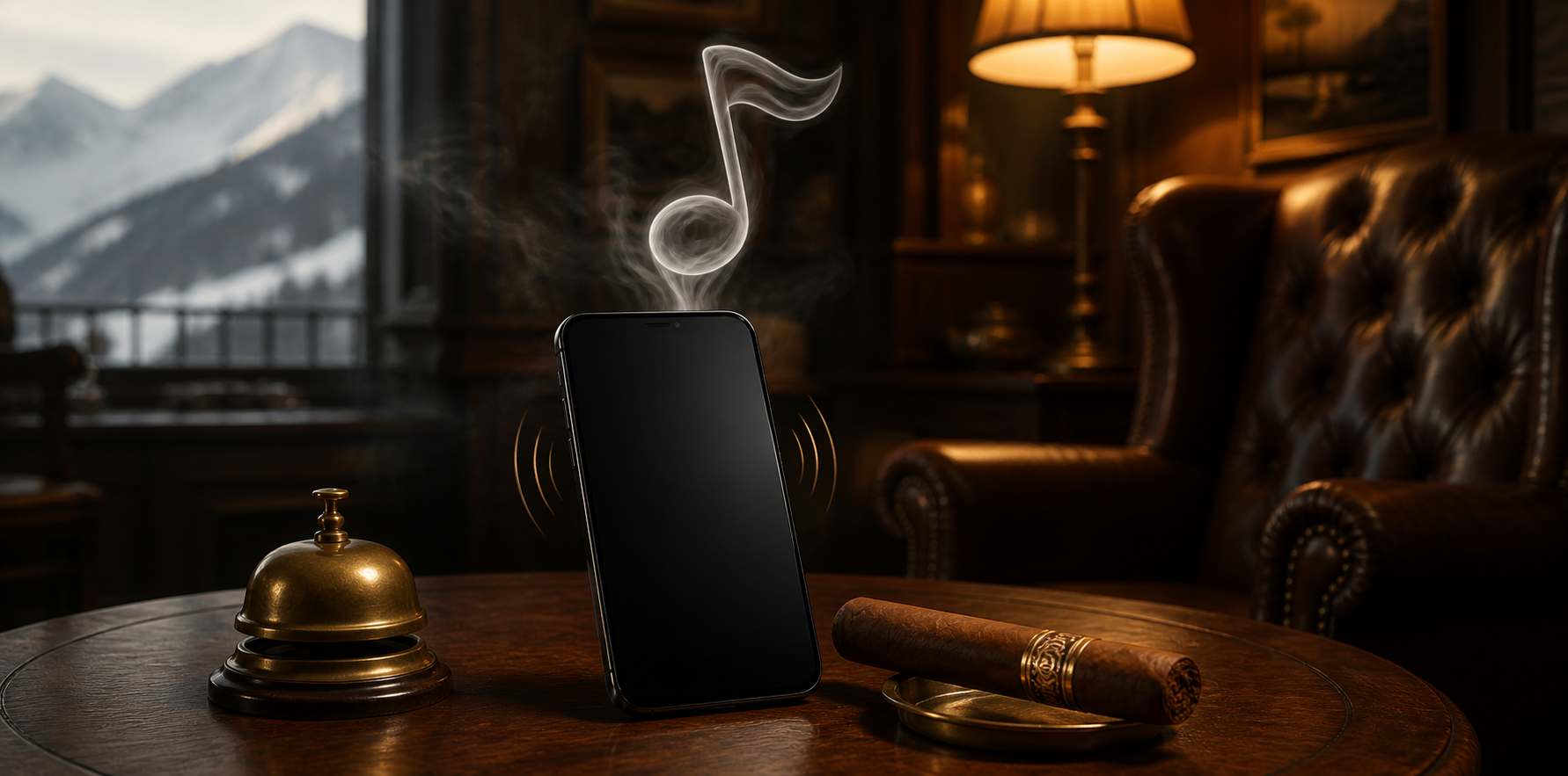 Ein klingelndes Smartphone neben einer Zigarre und einer Hotelglocke