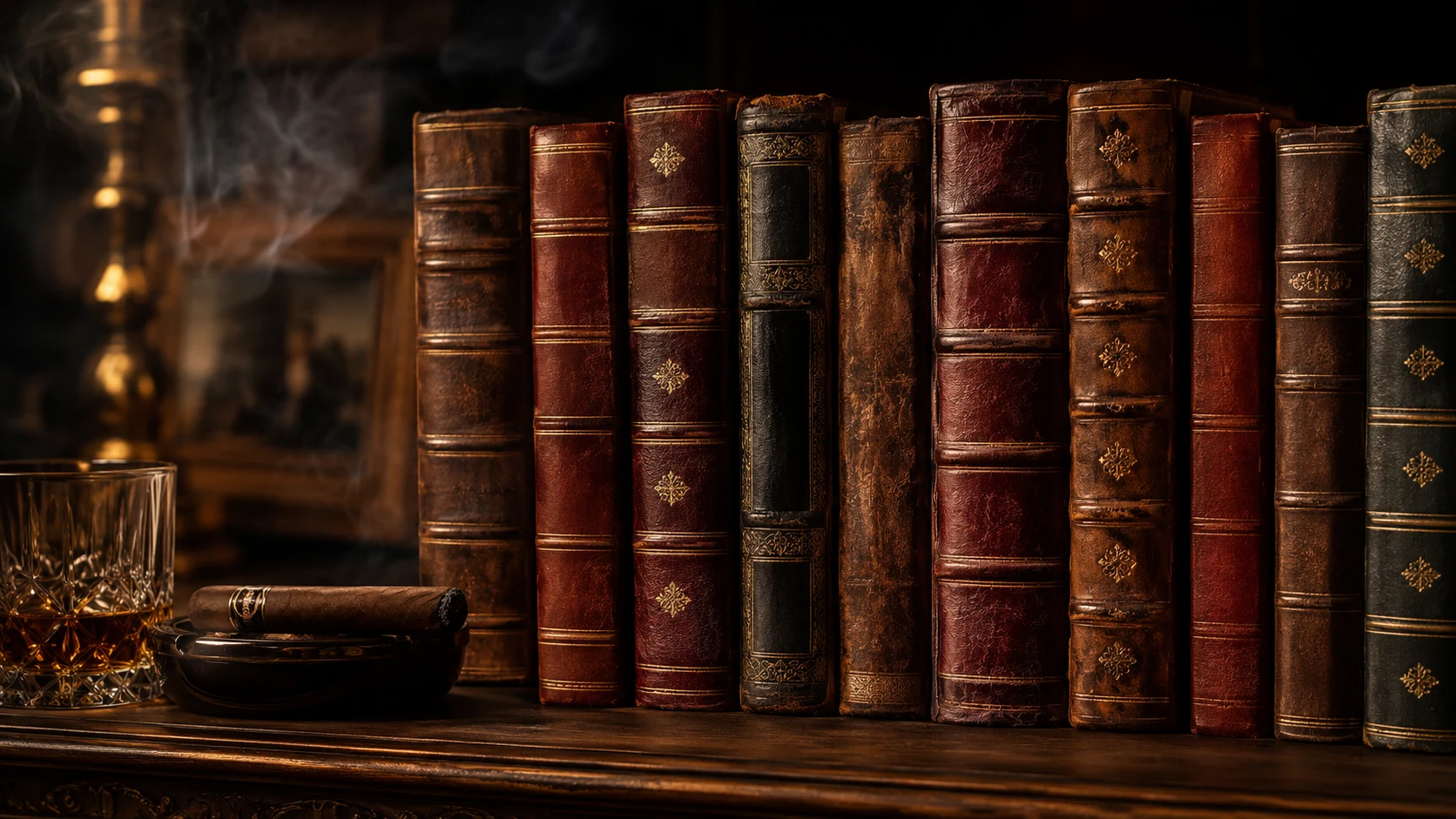 Alte Bücherrücken im Stil einer Bibliothek mit Zigarrenlounge-Stimmung