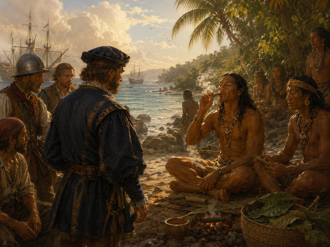 Historische Begegnung europäischer Seefahrer mit indigener Bevölkerung an einem tropischen Ufer