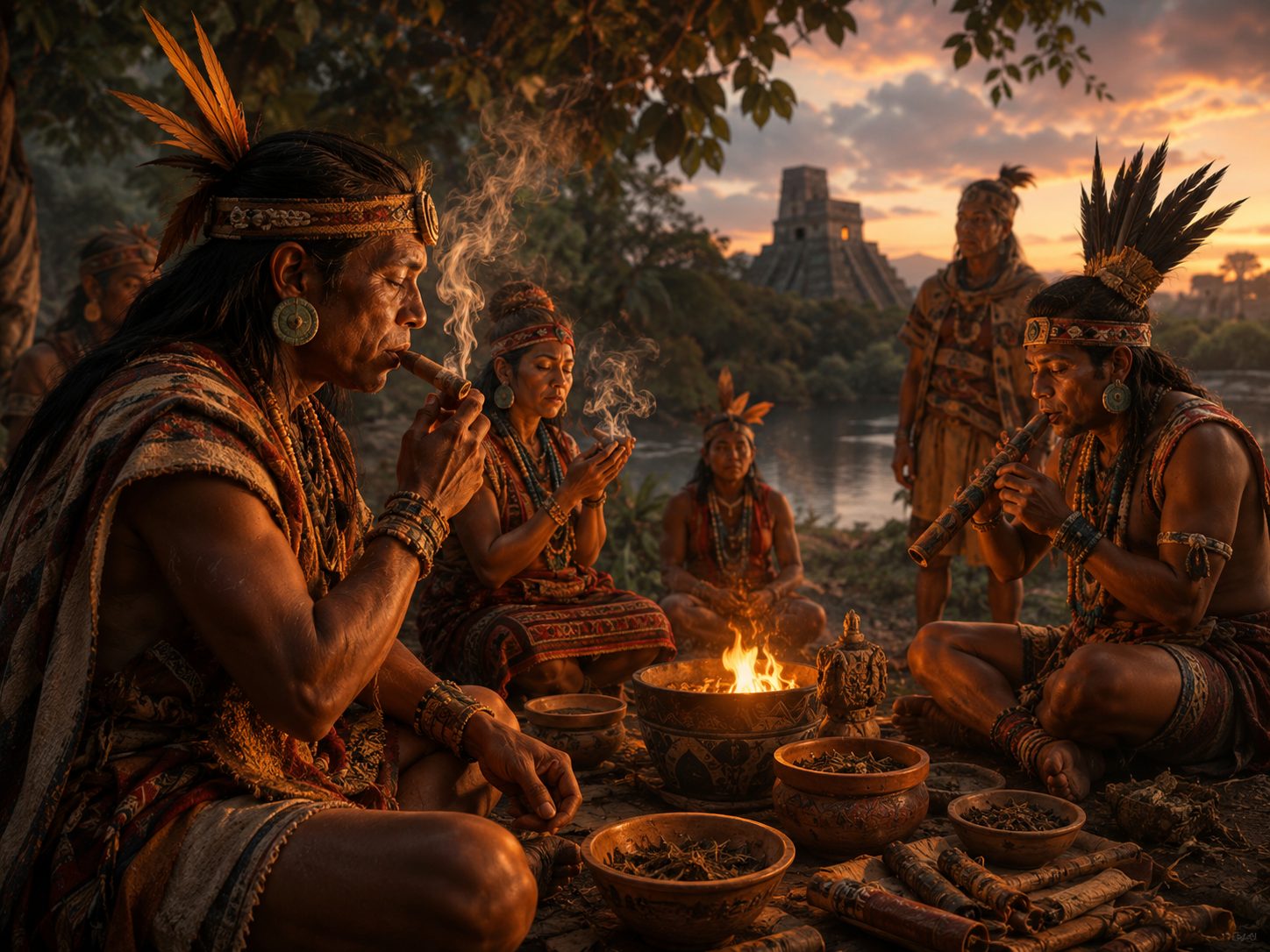 Historisch anmutende Szene einer indigenen Tabakzeremonie am Feuer
