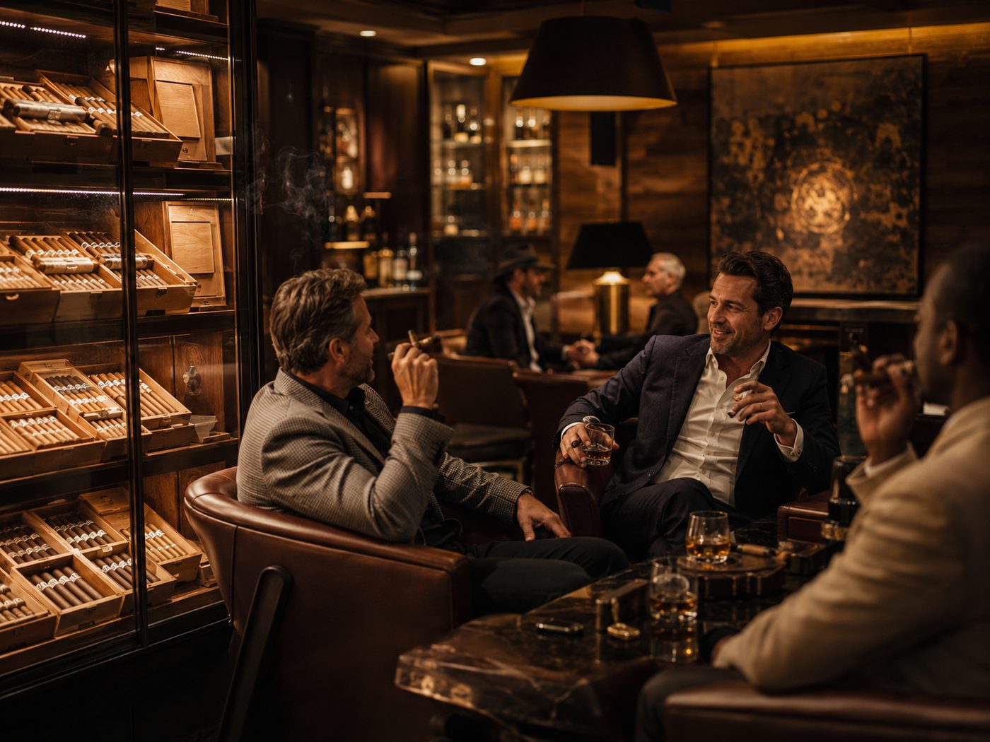 Moderner Zigarrenclub mit Humidor und geselliger Atmosphäre