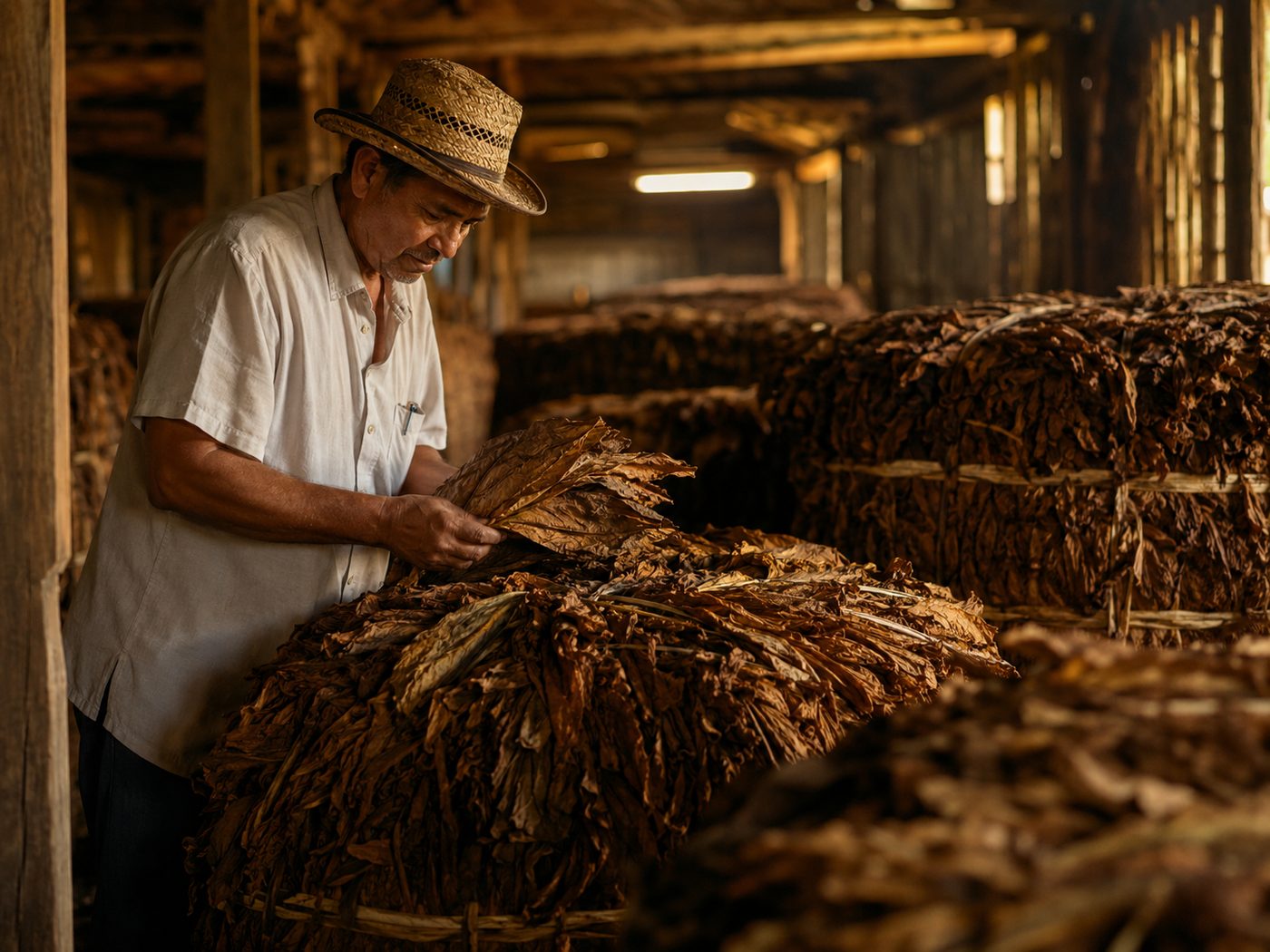 Fermentation von Tabakblättern in grossen Stapeln in einem rustikalen Lager