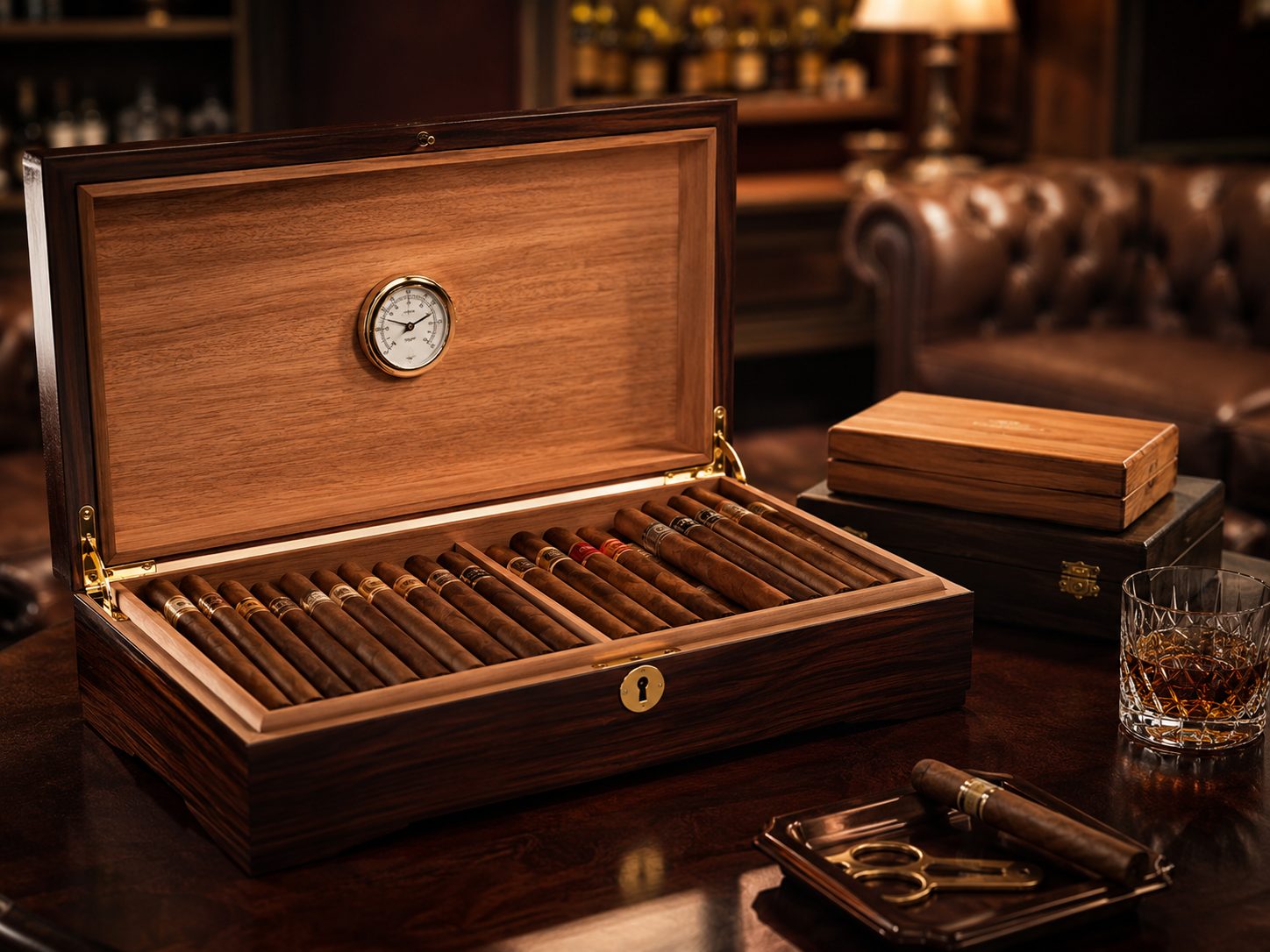Eleganter geoeffneter Humidor mit Zigarren in warmem Lounge-Licht