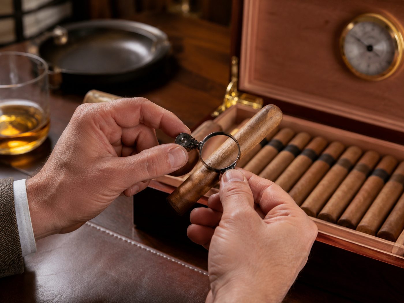 Sorgfaeltige Kontrolle einer Zigarre mit Lupe vor einem Humidor