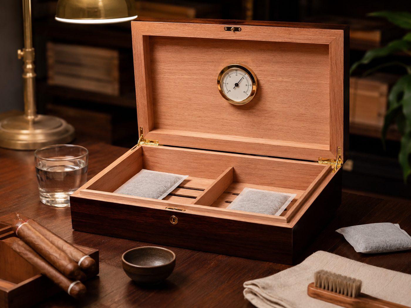 Neuer Humidor mit Feuchtigkeitspacks und Hygrometer beim Konditionieren